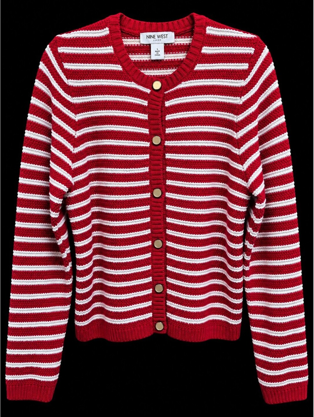Nine West Striped Red and White Knit Cardigan Sweater XL